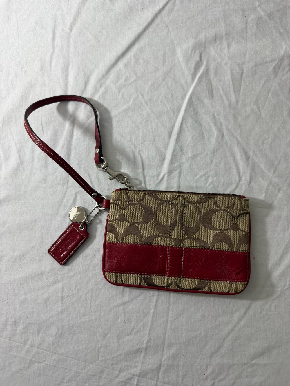 Coach Khaki Canvas Wristlet with Red Leather Trim